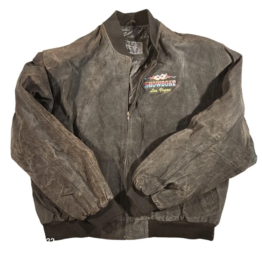 VINTAGE Showboat Las Vegas Suede‎ Jacket Mens Large Black Bomber I. Magnin 90s